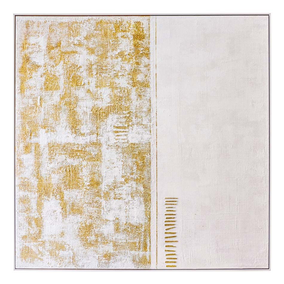 Golden Mist Oil on Canvas Painting – Hand-Painted Geometric Abstract Artwork in Matte White Shadow Box Frame