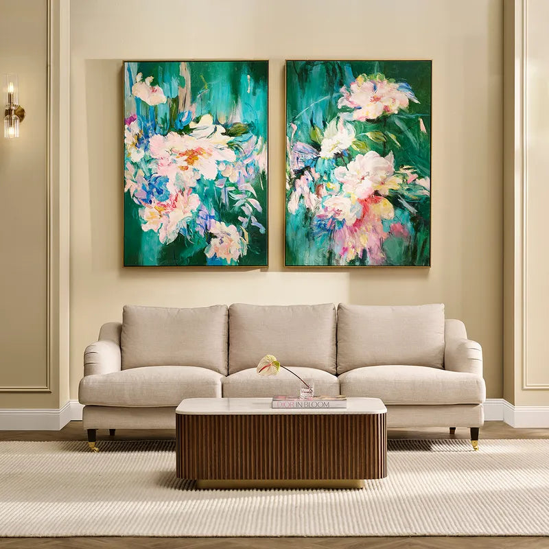 Blooming Set of Two Oil on Canvas Painting – Hand-Painted Floral Abstract Artwork in Shadow Box Frame