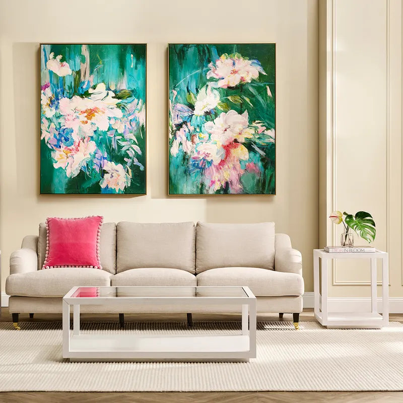 Blooming Set of Two Oil on Canvas Painting – Hand-Painted Floral Abstract Artwork in Shadow Box Frame