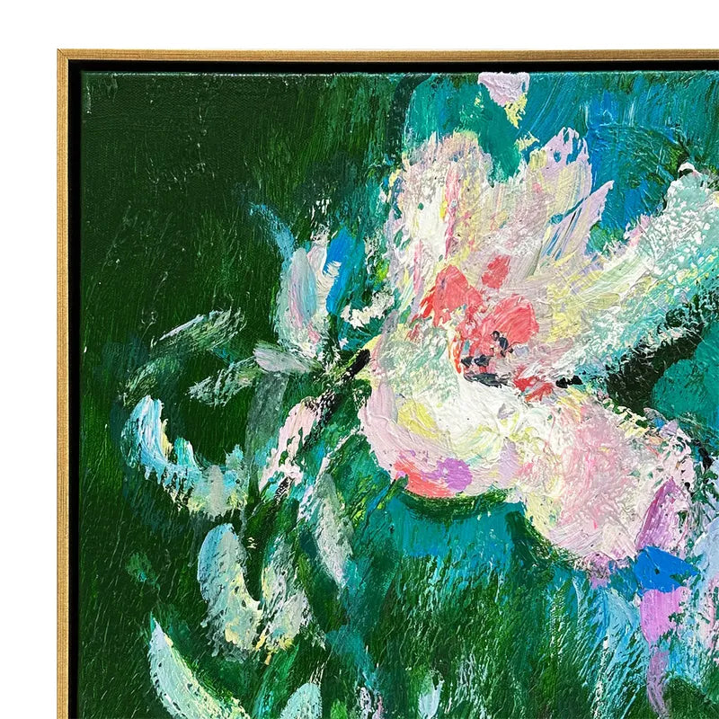 Blooming Set of Two Oil on Canvas Painting – Hand-Painted Floral Abstract Artwork in Shadow Box Frame