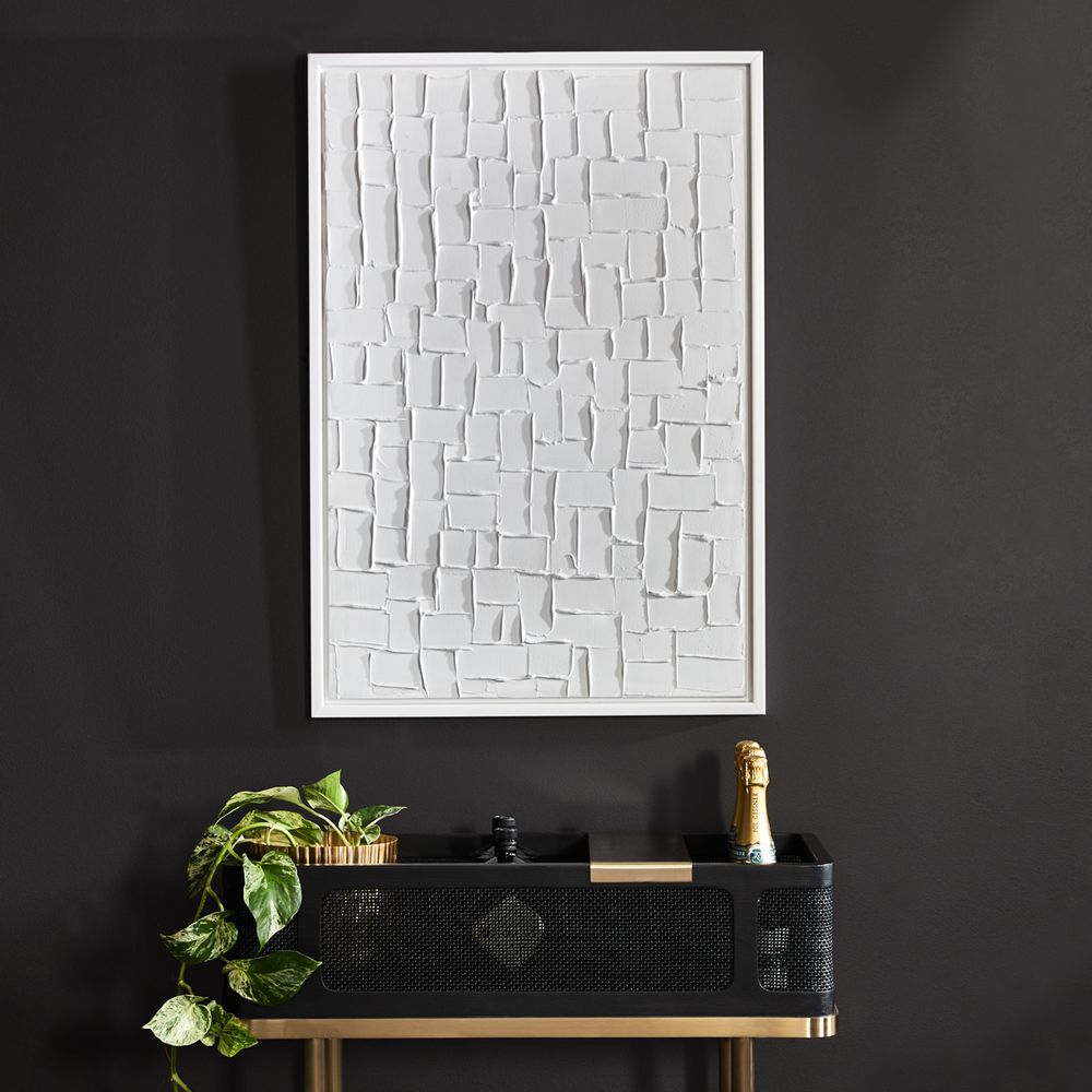 Mosaic Blanco Canvas Painting – Hand-Painted Abstract Artwork in White Shadow Box Frame