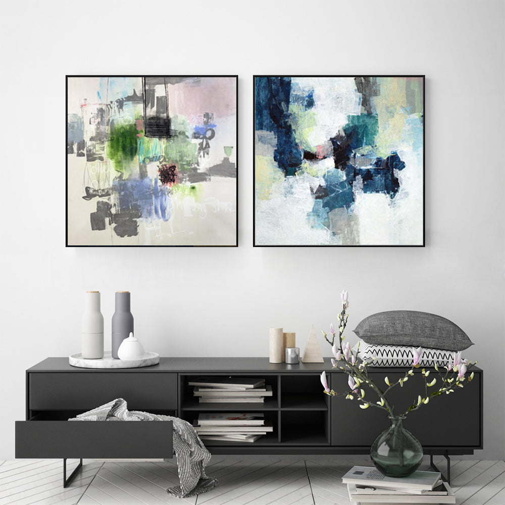 Elemental Echo – Abstract Diptych in Green, Indigo & Cloud- set of 2