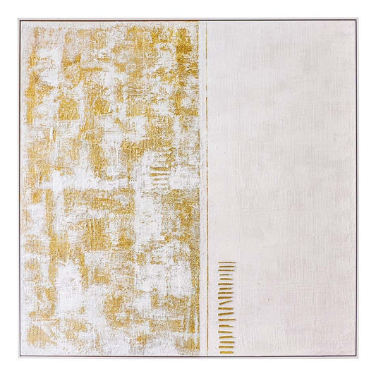 Golden Mist Oil on Canvas Painting – Hand-Painted Geometric Abstract Artwork in Matte White Shadow Box Frame