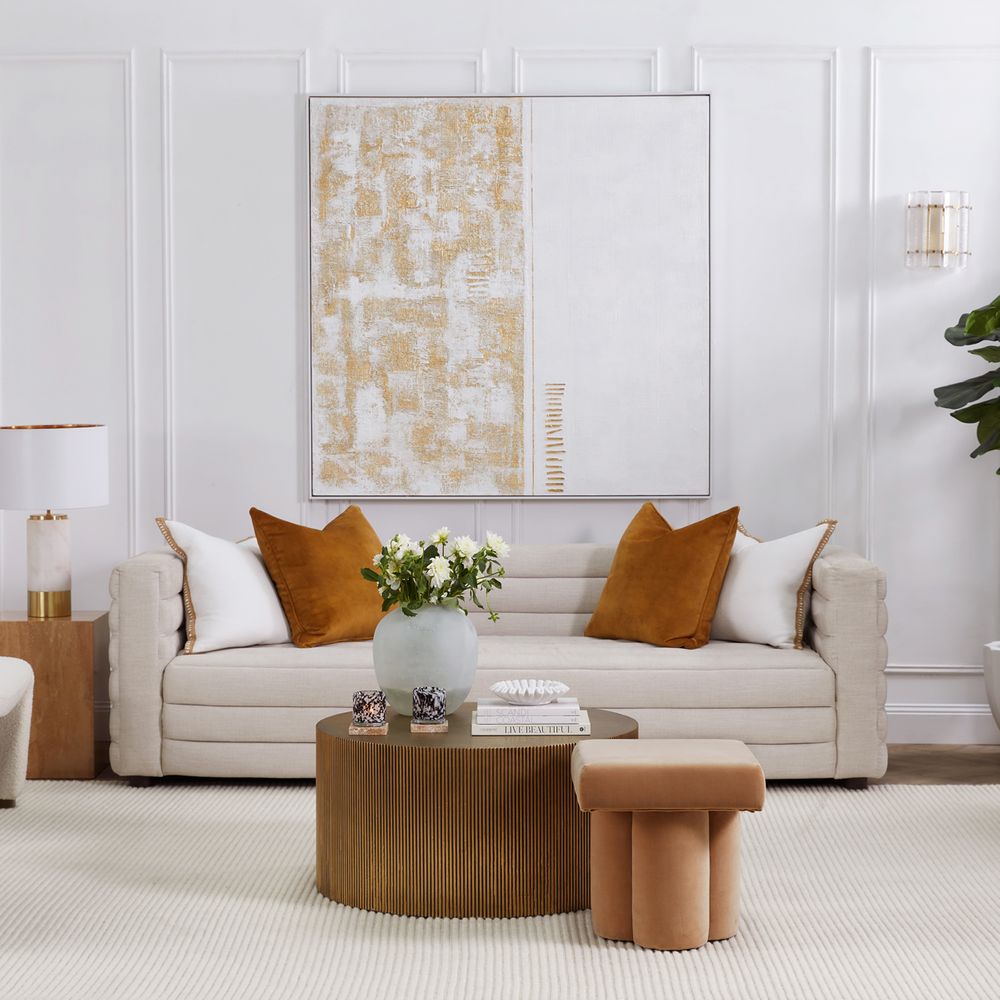 Golden Mist Oil on Canvas Painting – Hand-Painted Geometric Abstract Artwork in Matte White Shadow Box Frame