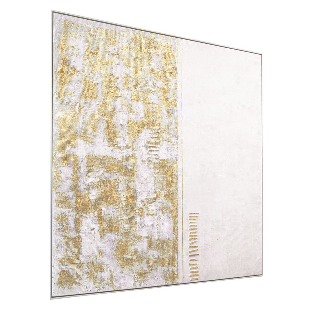 Golden Mist Oil on Canvas Painting – Hand-Painted Geometric Abstract Artwork in Matte White Shadow Box Frame