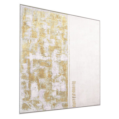 Golden Mist Oil on Canvas Painting – Hand-Painted Geometric Abstract Artwork in Matte White Shadow Box Frame
