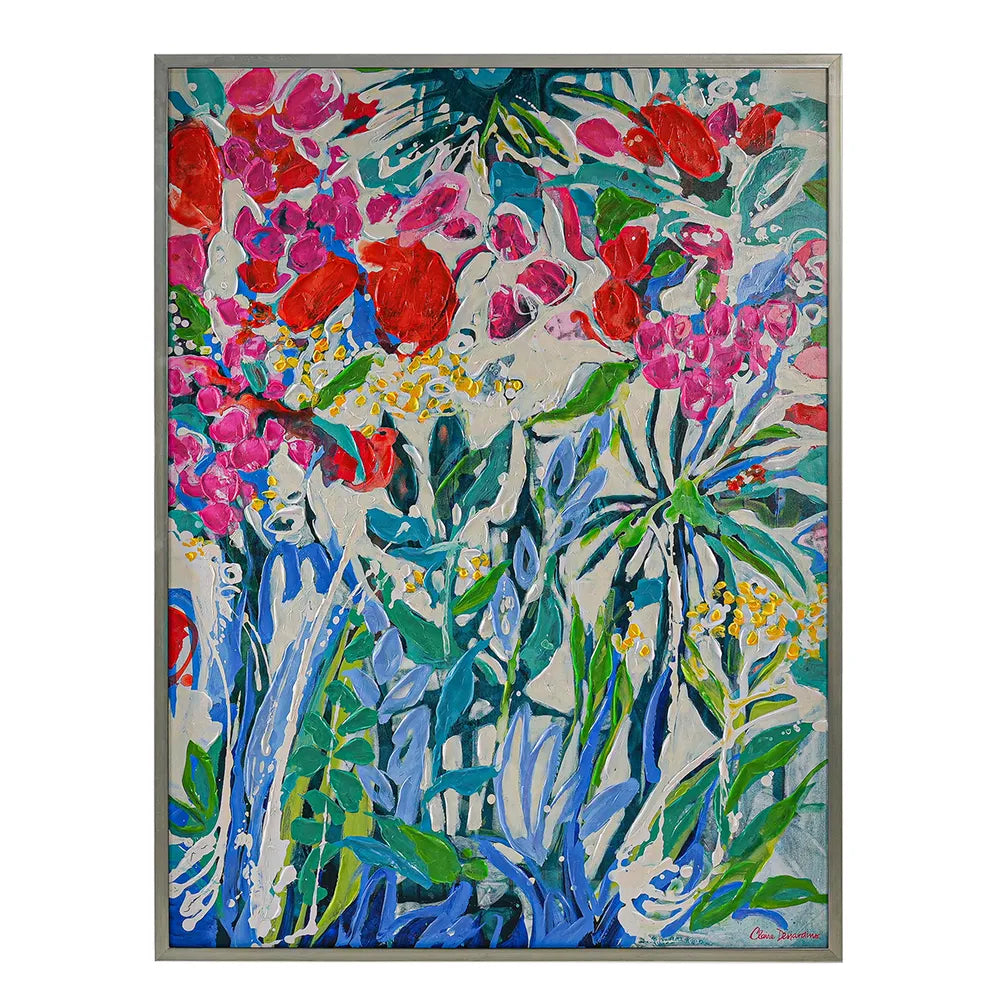 Botanic Enhanced Canvas Print – Hand-Painted Floral Abstract Artwork in White Shadow Box Frame