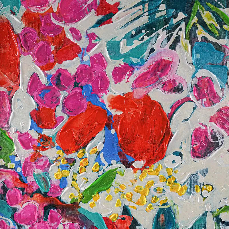 Botanic Enhanced Canvas Print – Hand-Painted Floral Abstract Artwork in White Shadow Box Frame