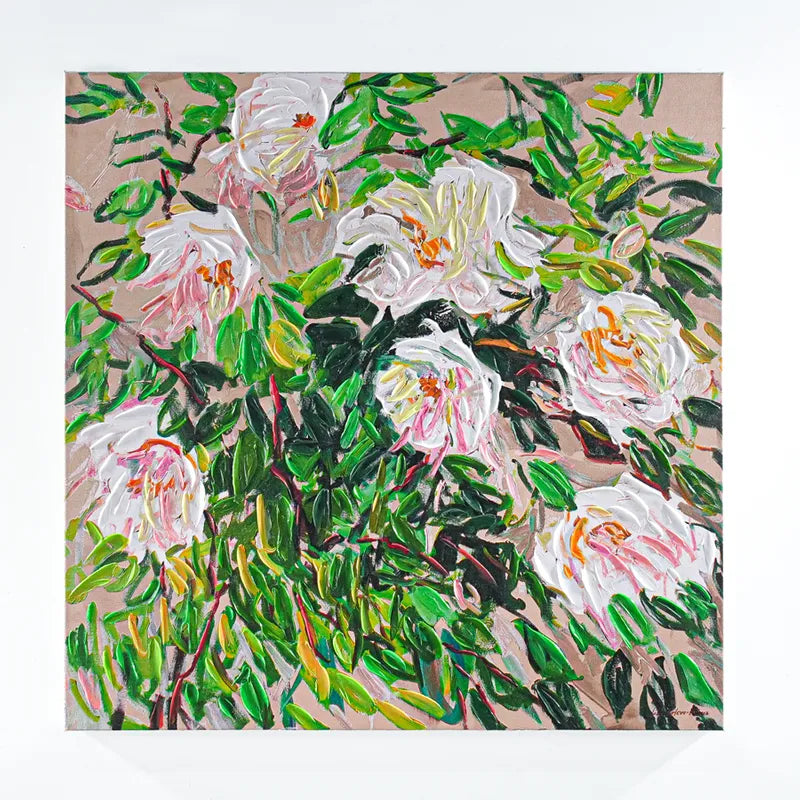 Blooms Enhanced Canvas Print – Hand-Painted Floral Abstract Artwork in White Shadow Box Frame