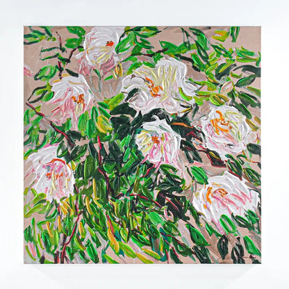 Blooms Enhanced Canvas Print – Hand-Painted Floral Abstract Artwork in White Shadow Box Frame