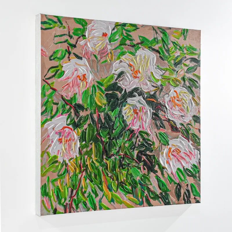 Blooms Enhanced Canvas Print – Hand-Painted Floral Abstract Artwork in White Shadow Box Frame