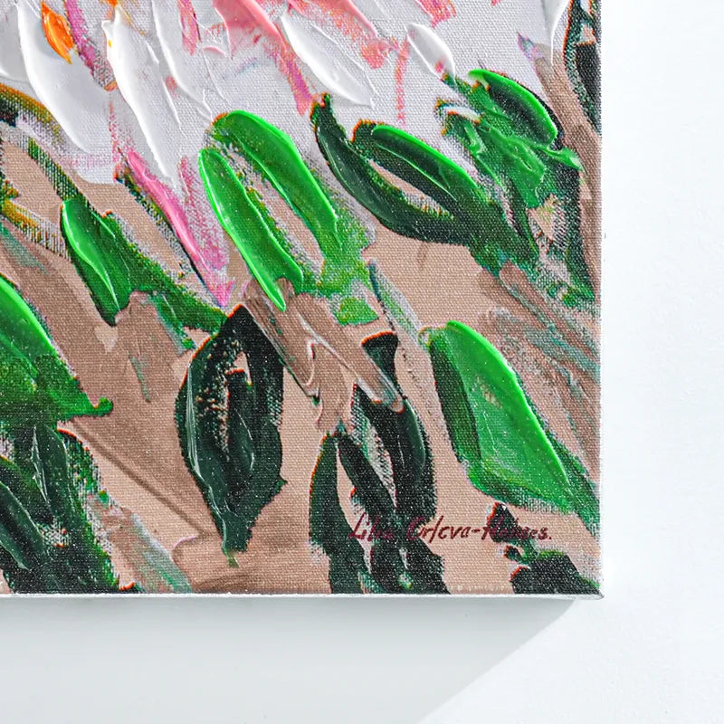 Blooms Enhanced Canvas Print – Hand-Painted Floral Abstract Artwork in White Shadow Box Frame