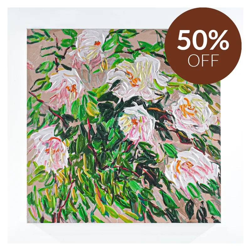 Blooms Enhanced Canvas Print – Hand-Painted Floral Abstract Artwork in White Shadow Box Frame