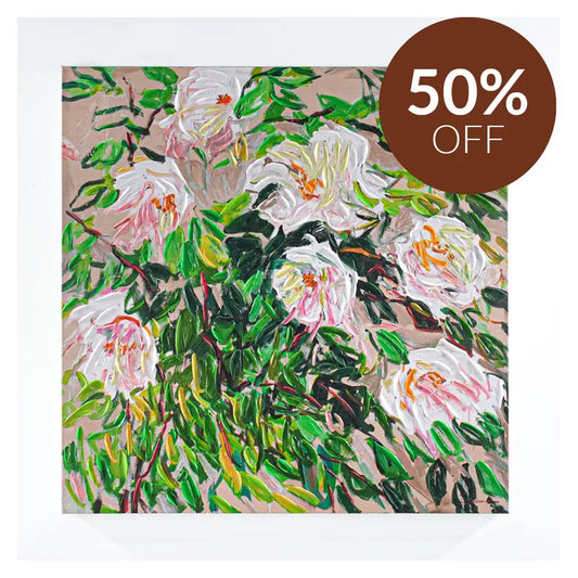 Blooms Enhanced Canvas Print – Hand-Painted Floral Abstract Artwork in White Shadow Box Frame