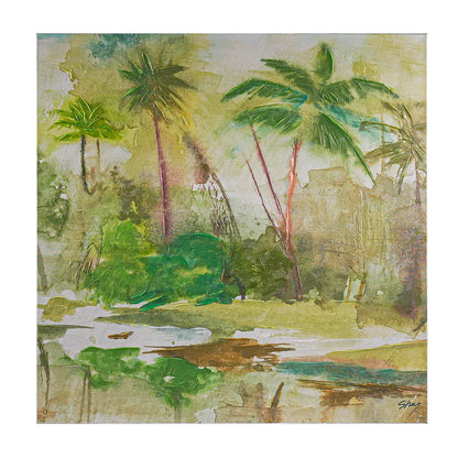 Calm Oasis Series I Enhanced Canvas Print – Hand-Painted Tropical Landscape by Shay in White Shadow Box Frame