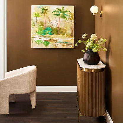 Calm Oasis Series I Enhanced Canvas Print – Hand-Painted Tropical Landscape by Shay in White Shadow Box Frame
