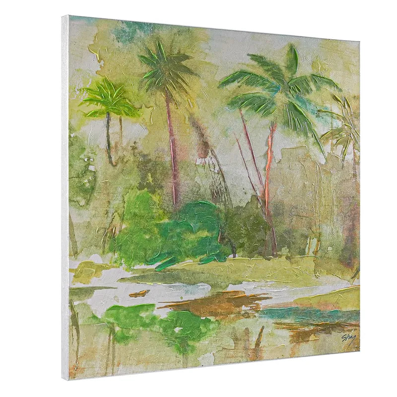 Calm Oasis Series I Enhanced Canvas Print – Hand-Painted Tropical Landscape by Shay in White Shadow Box Frame