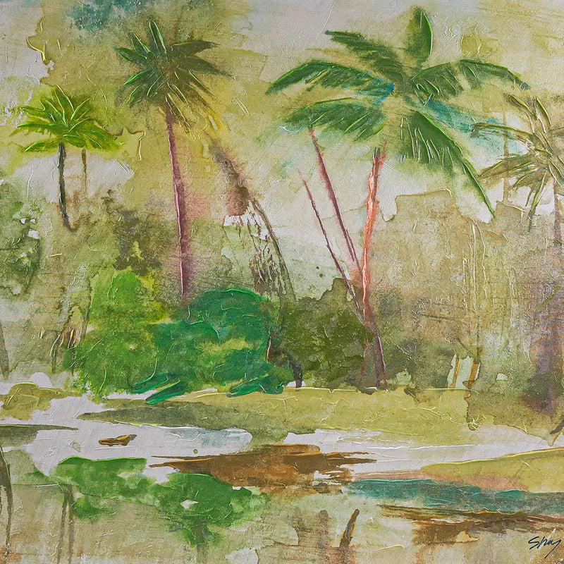 Calm Oasis Series I Enhanced Canvas Print – Hand-Painted Tropical Landscape by Shay in White Shadow Box Frame