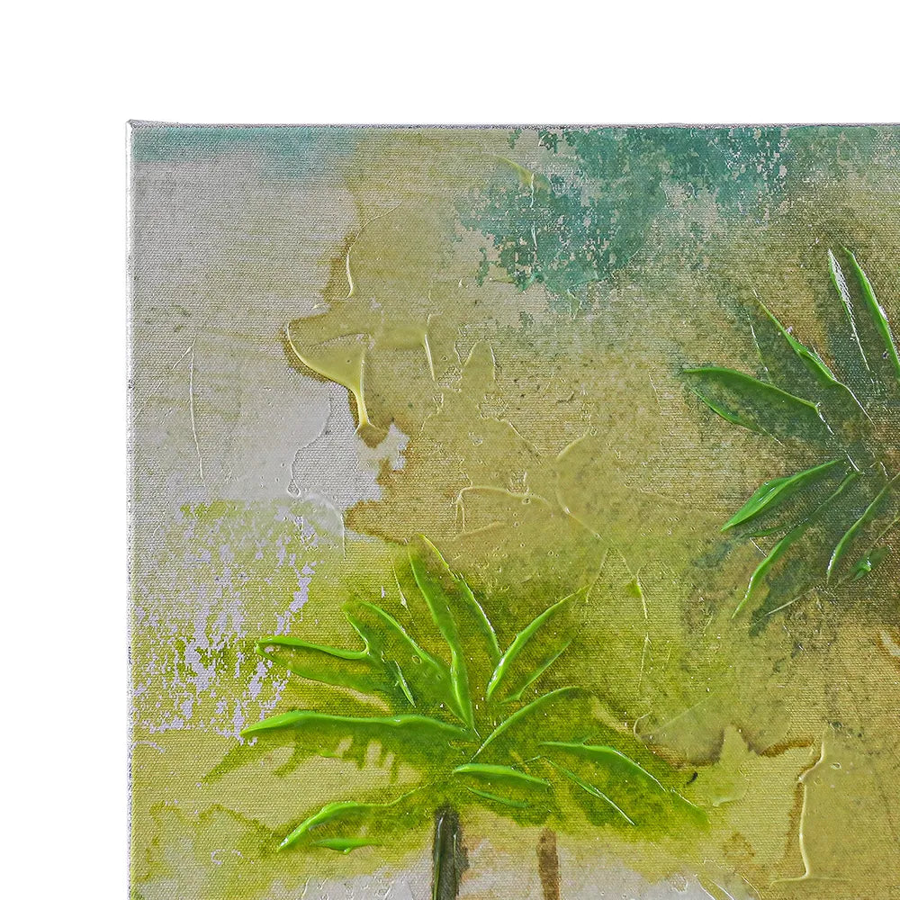 Calm Oasis Series I Enhanced Canvas Print – Hand-Painted Tropical Landscape by Shay in White Shadow Box Frame