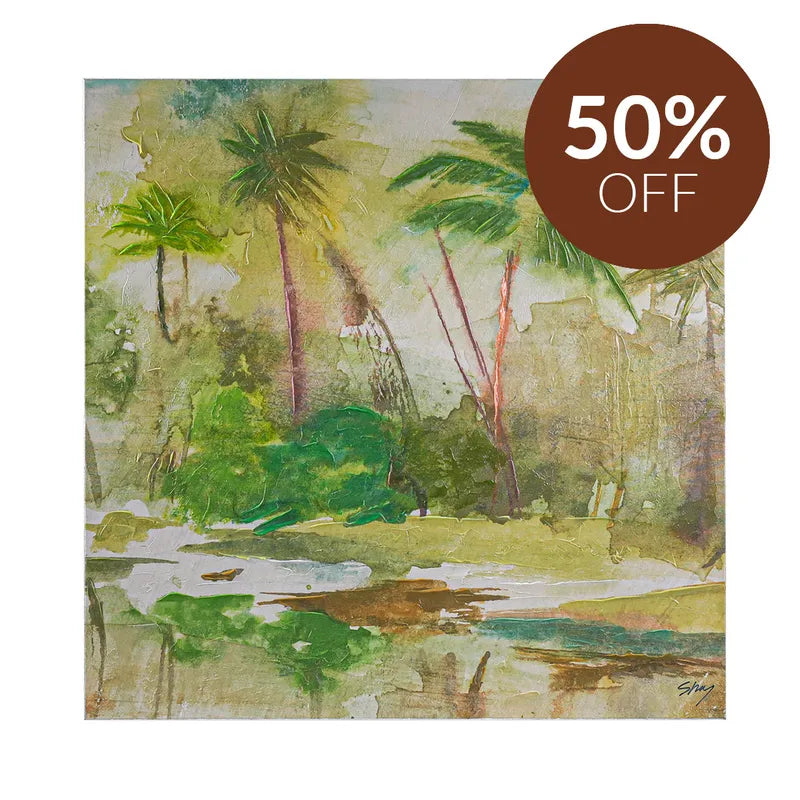 Calm Oasis Series I Enhanced Canvas Print – Hand-Painted Tropical Landscape by Shay in White Shadow Box Frame