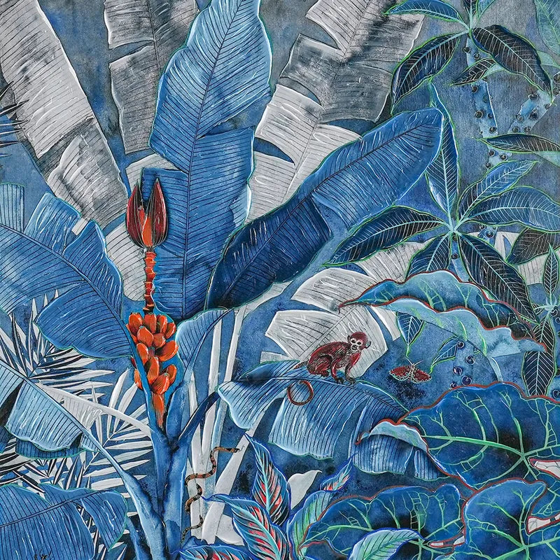 Jungle Blues Series II Enhanced Canvas Print – Hand-Painted Tropical Artwork by Gabby Malpas in Black Shadow Box Frame