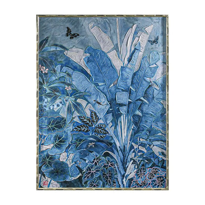 Jungle Blues Series I Enhanced Canvas Print – Hand-Painted Tropical Artwork by Gabby Malpas in Black Shadow Box Frame