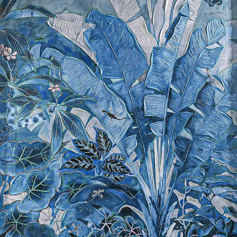 Jungle Blues Series I Enhanced Canvas Print – Hand-Painted Tropical Artwork by Gabby Malpas in Black Shadow Box Frame