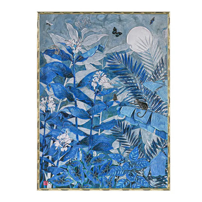 Jungle Blues Series III Enhanced Canvas Print – Hand-Painted Tropical Artwork by Gabby Malpas in Black Shadow Box Frame