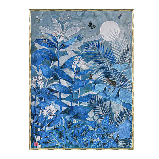 Jungle Blues Series III Enhanced Canvas Print – Hand-Painted Tropical Artwork by Gabby Malpas in Black Shadow Box Frame