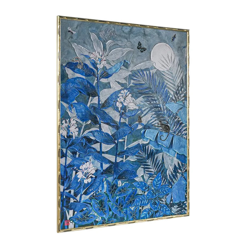 Jungle Blues Series III Enhanced Canvas Print – Hand-Painted Tropical Artwork by Gabby Malpas in Black Shadow Box Frame
