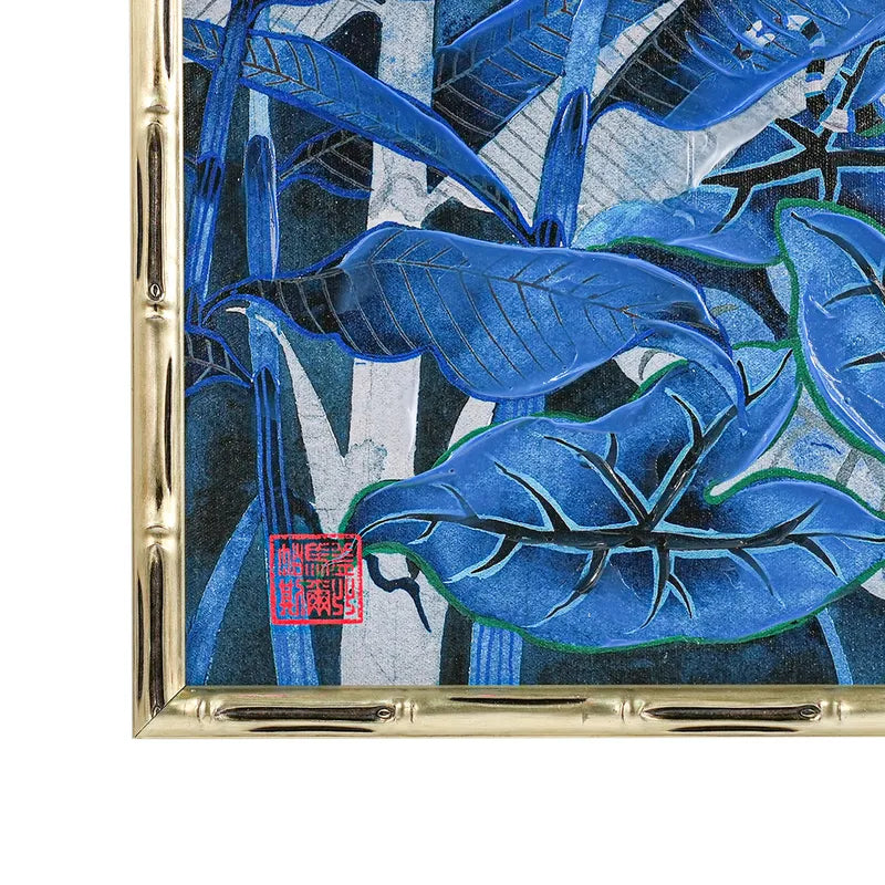Jungle Blues Series III Enhanced Canvas Print – Hand-Painted Tropical Artwork by Gabby Malpas in Black Shadow Box Frame