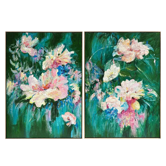 Blooming Set of Two Oil on Canvas Painting – Hand-Painted Floral Abstract Artwork in Shadow Box Frame