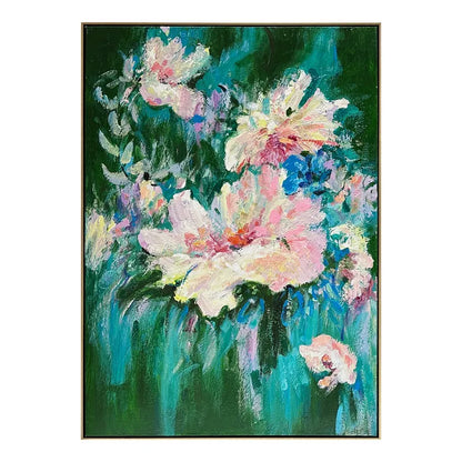 Blooming Set of Two Oil on Canvas Painting – Hand-Painted Floral Abstract Artwork in Shadow Box Frame