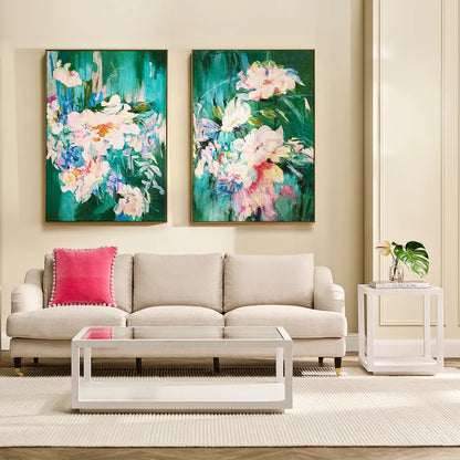 Blooming Set of Two Oil on Canvas Painting – Hand-Painted Floral Abstract Artwork in Shadow Box Frame