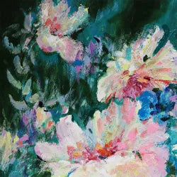 Blooming Set of Two Oil on Canvas Painting – Hand-Painted Floral Abstract Artwork in Shadow Box Frame