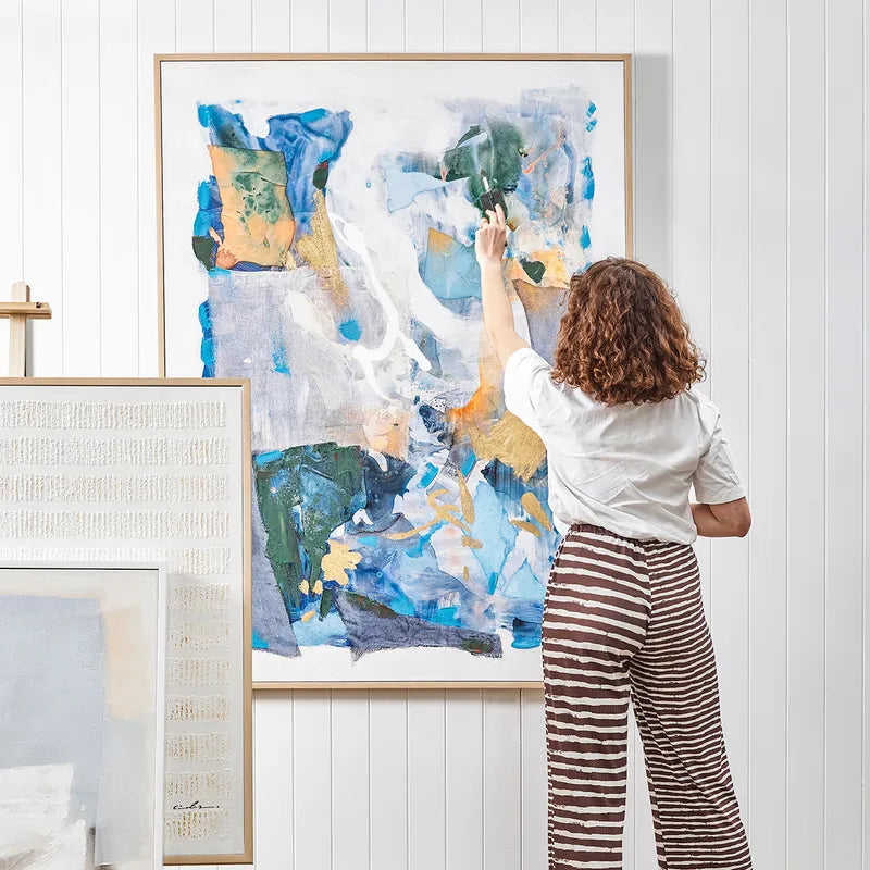 Oceans – Hand-Painted Abstract Canvas with Oceanic Blues and Gold Accents